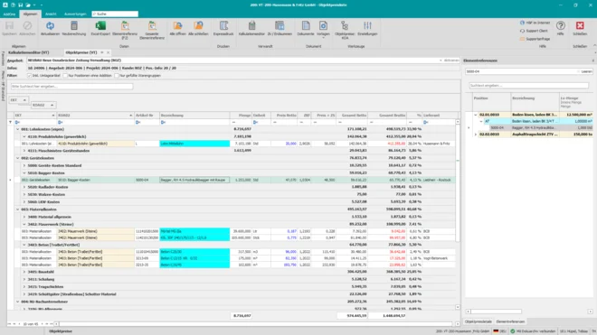 Laptop zeigt eine digitale Objektpreis-Übersicht mit strukturierten Tabellen und Projektdaten im Bau-ERP-System.