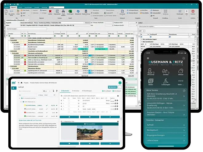 Screenshot einer Baumanagement-Software auf einem Desktop-Monitor sowie einer Tablet- und Smartphone-App mit Projekt- und Terminübersichten.