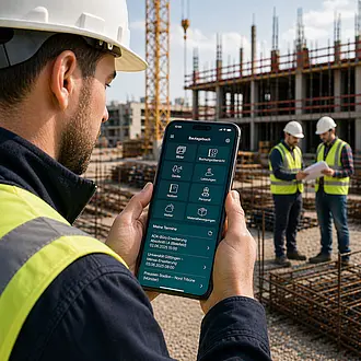 Bauleiterin nutzt Tablet für digitale Dokumentation auf einer organisierten Baustelle mit Bagger im Hintergrund.