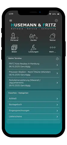 AppOne – Übersichtlicher Startbildschirm für die mobile Baustellenerfassung 2025