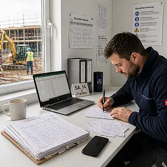 Bauleiter füllt handschriftliche Stundenzettel im Container aus, während im Hintergrund ein Bagger arbeitet.