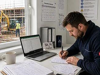 Bauleiter füllt handschriftliche Stundenzettel im Container aus, während im Hintergrund ein Bagger arbeitet.