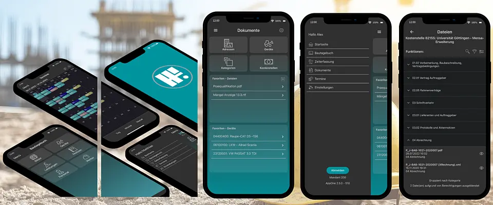 Titelbild mit mehreren Smartphone-Ansichten von AppOne: Dokumentenübersicht, Modulmenü, Dateiansicht und Dokumentenstruktur als mobile Bauakte für Pro-Bau/S® AddOne.