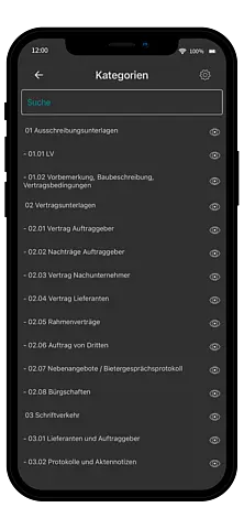 Ansicht der Dokumentenkategorien in AppOne. Die mobile Bauakte zeigt eine klar strukturierte Gliederung von Ausschreibungsunterlagen, Vertragsunterlagen und Schriftverkehr. Jede Kategorie ist nummeriert und ermöglicht schnellen Zugriff auf projektbezogene Dokumente.