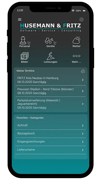 Smartphone mit dem Startbildschirm der Bau-App AppOne von Pro-Bau/S® AddOne mit Menüübersicht für Leistungsmerkmale und mobile Baustellendokumentation.