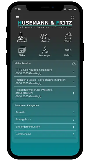 AppOne Startbildschirm – Mobile Baustellenerfassung im Überblick