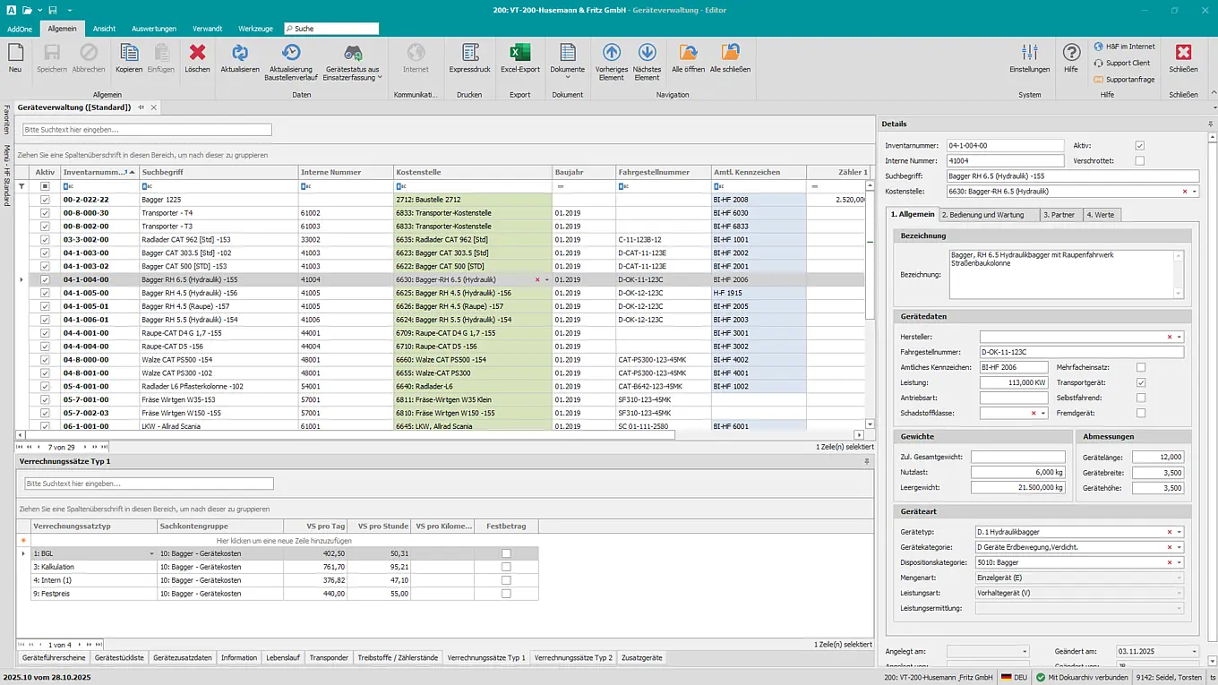 Screenshot der digitalen Geräteverwaltung in Pro-Bau/S® AddOne mit Übersicht über Baustellengeräte, Verrechnungssätze und Gerätedetails