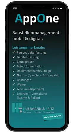 Smartphone mit AppOne Bau-App Startbildschirm und Übersicht zu mobilen Leistungsmerkmalen wie Zeiterfassung, Gerätebuchung und Bautagebuch