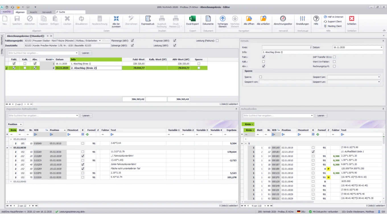 Darstellung der Funktion zur Definition von Abrechnungskreisen in der Pro-Bau/S® AddOne Software für eine strukturierte Rechnungslegung.