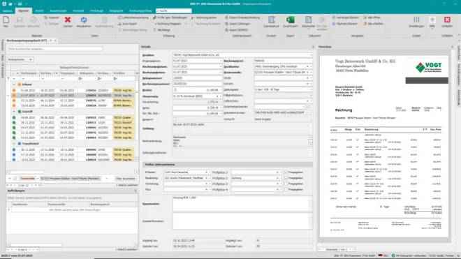 Screenshot aus Pro-Bau/S® AddOne: Rechnungseingang mit digital erfassten Eingangsrechnungen und zugehörigen Buchungsdetails.