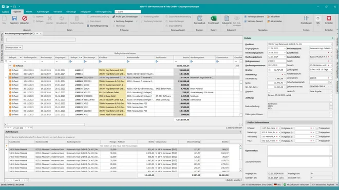 Screenshot des Rechnungseingangsbuchs in Pro-Bau/S® AddOne mit Übersicht der Eingangsrechnungen und Projektdaten.