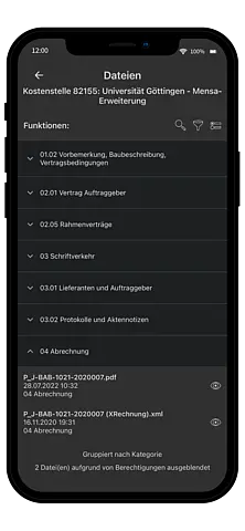 Screenshot der Dateiansicht in Pro-Bau/S® AddOne mit strukturierter Ablage nach Kostenstelle und praktischen Filterfunktionen.