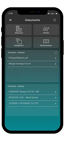 Screenshot der Dokumentenübersicht in Pro-Bau/S® AddOne mit Favoritenfunktion für schnellen Zugriff auf Dateien und Kategorien.
