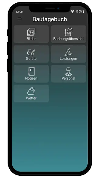 Smartphone zeigt den Startbildschirm der AppOne Bautagebuch-App mit Menüpunkten für Bilder, Geräte, Leistungen, Personal und Wetterdaten.