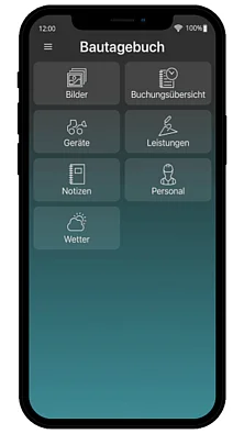 Smartphone zeigt den Startbildschirm der AppOne Bautagebuch-App mit Menüpunkten für Bilder, Geräte, Leistungen, Personal und Wetterdaten.