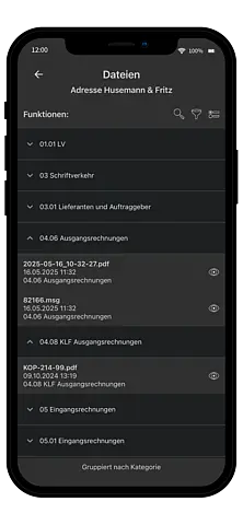 Screenshot der Dokumentenstruktur in Pro-Bau/S® AddOne mit Ablage nach Adresse, inklusive Rechnungen und Schriftverkehr im Überblick.