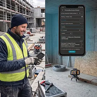 Bauarbeiter im Bauhelm lächelt und stempelt Arbeitszeit über die AppOne-App auf seinem Smartphone, neben einem floating Smartphone, das die detaillierten App-Felder zeigt.