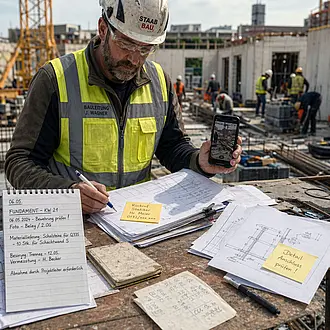 Bauleiter auf Baustelle mit unordentlichen Zetteln und Smartphone bei der Dokumentation