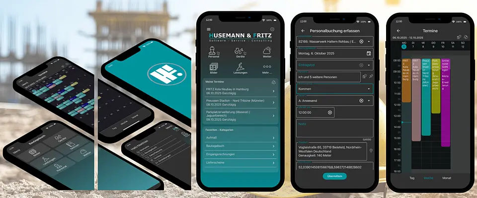 Mehrere Smartphones zeigen unterschiedliche AppOne-Ansichten, darunter Startbildschirm, Menü, Dokumentenübersicht und farbcodierte Zeiterfassung